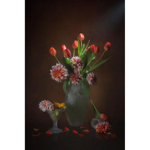 Orange Tulips And Dahlia White Modern Wood Framed Art Print by Jacobs, Lydia