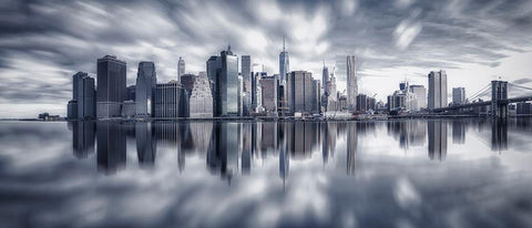 Manhattan Reflection White Modern Wood Framed Art Print with Double Matting by Zheng, Michael