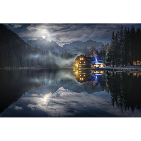 The Moon Rises From The Mountain Gold Ornate Wood Framed Art Print with Double Matting by Ghizzi Panizza, Alberto