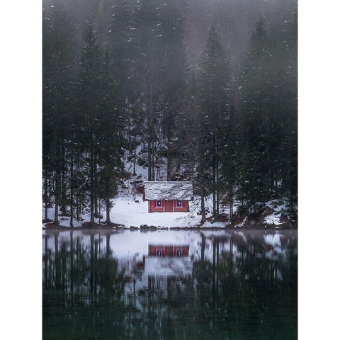 Cottage By The Lake White Modern Wood Framed Art Print by Krivec, Ales