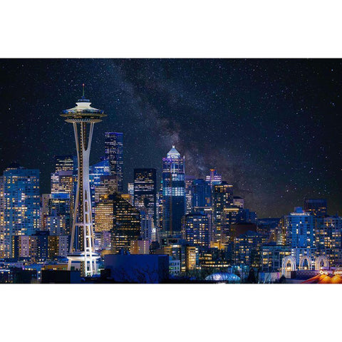 Night At Seattle White Modern Wood Framed Art Print by Gao, Danny