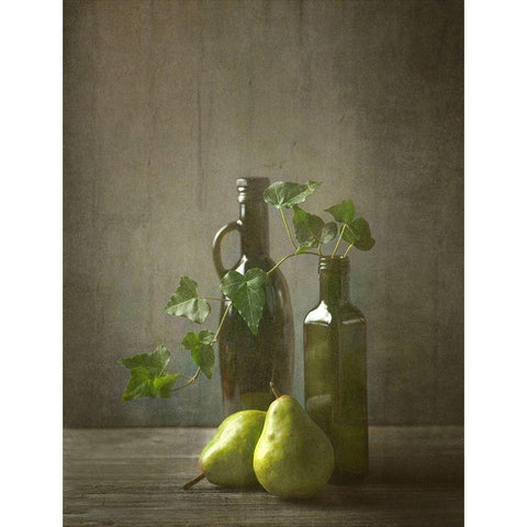 Pears And Bottles Black Modern Wood Framed Art Print with Double Matting by W., Catherine