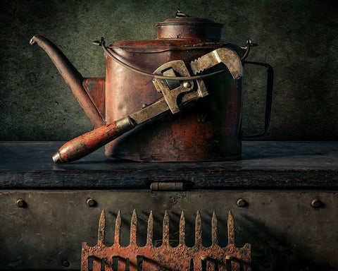 Resting Tools Black Ornate Wood Framed Art Print with Double Matting by Kinney, Jon