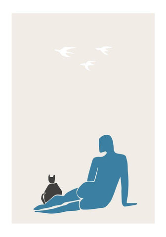 Woman And Cat White Modern Wood Framed Art Print with Double Matting by 1x Studio II