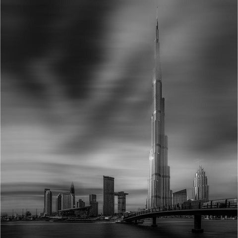 Dubai Downtown Cityscape-Dubai-Uae. Black Modern Wood Framed Art Print by Kazzaz, Mohamed