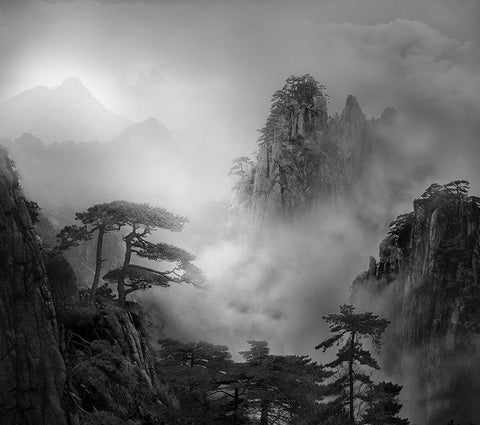 Huang Shan In The Fog White Modern Wood Framed Art Print with Double Matting by Guoji