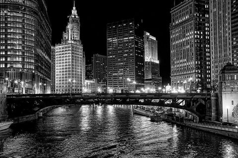 Chicago River Black Ornate Wood Framed Art Print with Double Matting by Lewis, Jeff