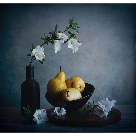 Pears A Flowers White Modern Wood Framed Art Print by Zhou, Fangping