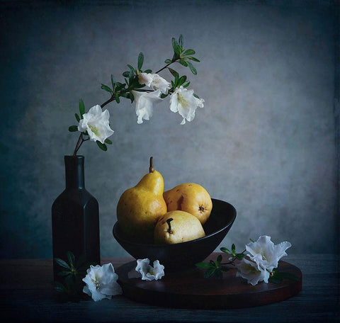 Pears A Flowers White Modern Wood Framed Art Print with Double Matting by Zhou, Fangping