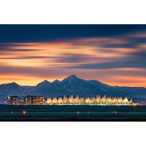 Denver International Airport In Dusk With Longs Peak As Background Gold Ornate Wood Framed Art Print with Double Matting by Xu, Mei