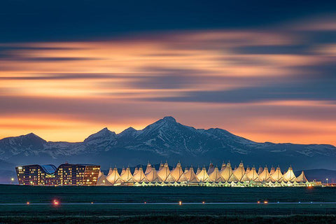 Denver International Airport In Dusk With Longs Peak As Background Black Ornate Wood Framed Art Print with Double Matting by Xu, Mei