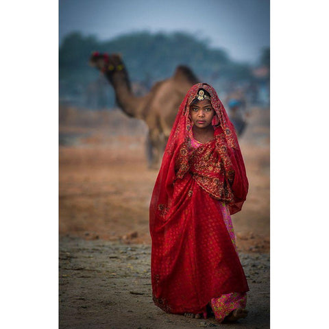 Nomad Girl In Red Dress White Modern Wood Framed Art Print by Jabeen, Rana