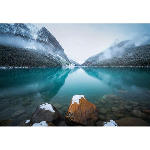 Foggy Lake Louise Black Modern Wood Framed Art Print with Double Matting by Li, Yongnan