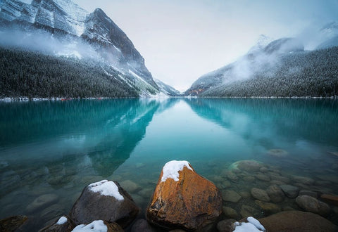 Foggy Lake Louise Black Ornate Wood Framed Art Print with Double Matting by Li, Yongnan