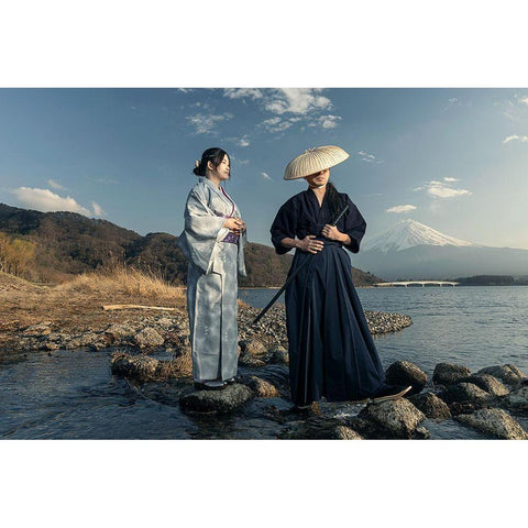 Japan Love Story Black Modern Wood Framed Art Print with Double Matting by Mieke