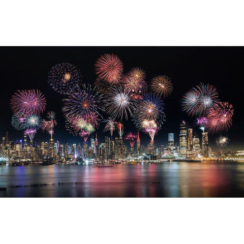 Firework In New York City Gold Ornate Wood Framed Art Print with Double Matting by Dai, Wei