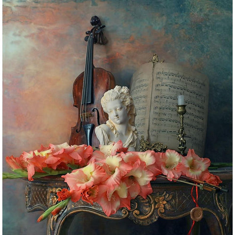 Still Life With Violin And Flowers Gold Ornate Wood Framed Art Print with Double Matting by Morozov, Andrey