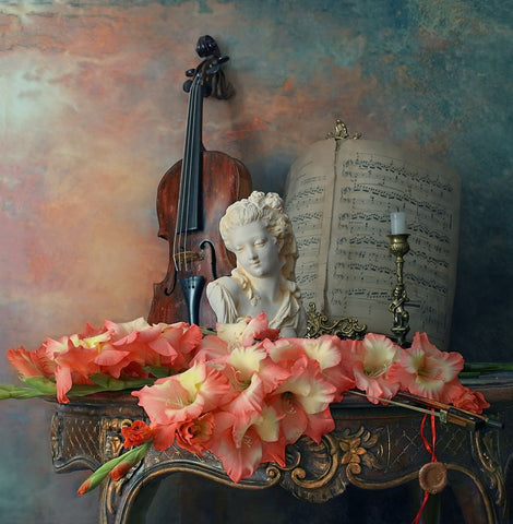 Still Life With Violin And Flowers Black Ornate Wood Framed Art Print with Double Matting by Morozov, Andrey