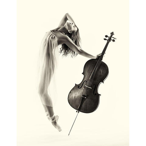 The Cello Dance White Modern Wood Framed Art Print by Yang, James