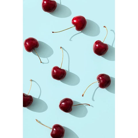 Cherries on turquoise background White Modern Wood Framed Art Print by 1x Studio III