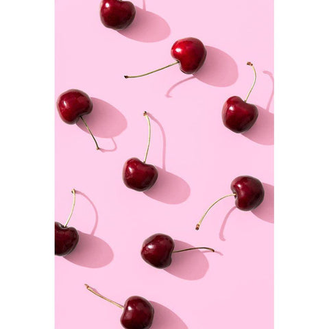 Cherries on pink background White Modern Wood Framed Art Print by 1x Studio III