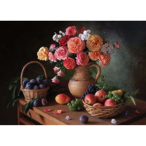 Still Life With Flowers And Autumn Fruits Gold Ornate Wood Framed Art Print with Double Matting by Skorokhod, Tatyana