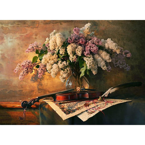 Still Life With Violin And Lilac Flowers Black Modern Wood Framed Art Print with Double Matting by Morozov, Andrey