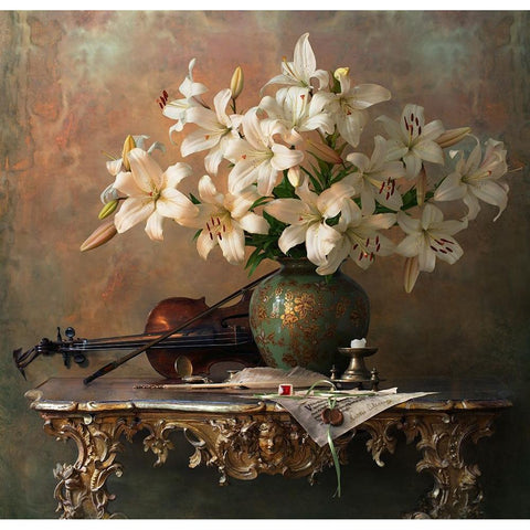 Still Life With Violin And Lilies Black Modern Wood Framed Art Print with Double Matting by Morozov, Andrey