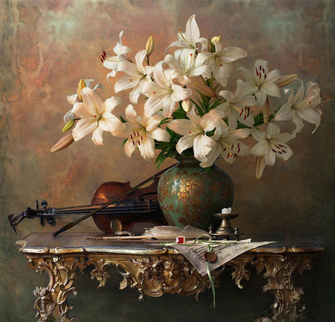 Still Life With Violin And Lilies White Modern Wood Framed Art Print with Double Matting by Morozov, Andrey