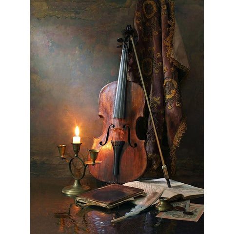 Still Life With Violin And Candle Gold Ornate Wood Framed Art Print with Double Matting by Morozov, Andrey