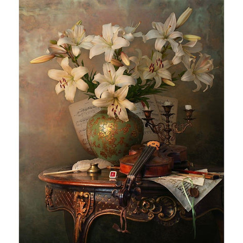 Still Life With Violin And Lilies White Modern Wood Framed Art Print by Morozov, Andrey