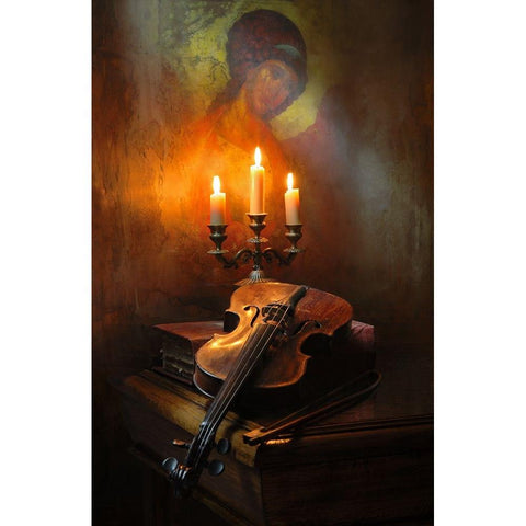 Still Life With Violin And Angel White Modern Wood Framed Art Print by Morozov, Andrey