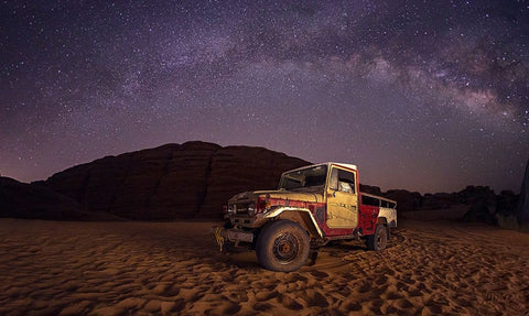 Car Under The Milkyway Galaxy White Modern Wood Framed Art Print with Double Matting by Shawki Ibrahim, Saad