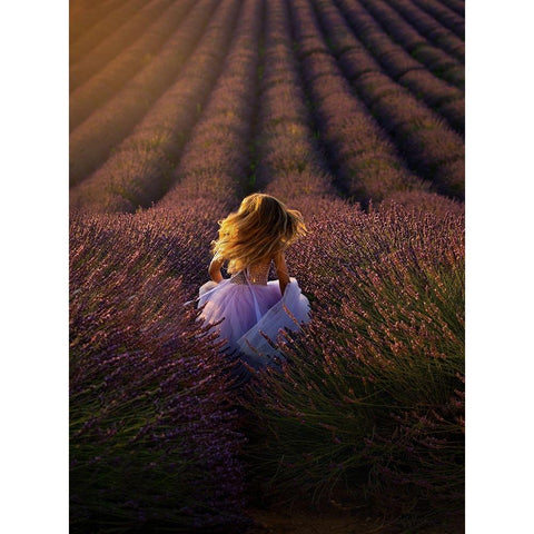A Girl Running Towards The Flower Field Black Modern Wood Framed Art Print with Double Matting by Hu, Mei