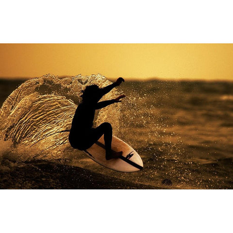 Surfer At Sunset White Modern Wood Framed Art Print by Yuval