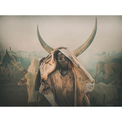 Mundari Boy Horns Gold Ornate Wood Framed Art Print with Double Matting by Yosifov, Svetlin