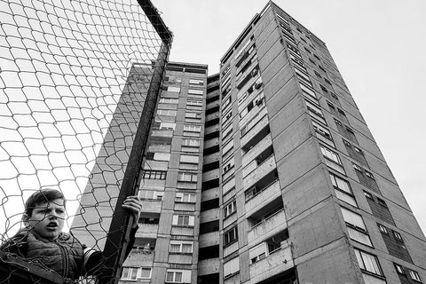 The Boy Behind The Fence Black Ornate Wood Framed Art Print with Double Matting by Cvetkovic, Svetislav