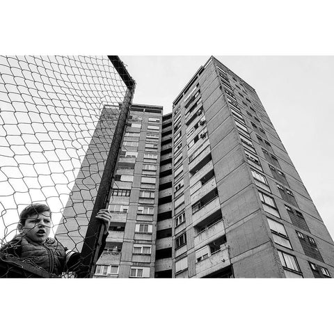 The Boy Behind The Fence Black Modern Wood Framed Art Print with Double Matting by Cvetkovic, Svetislav