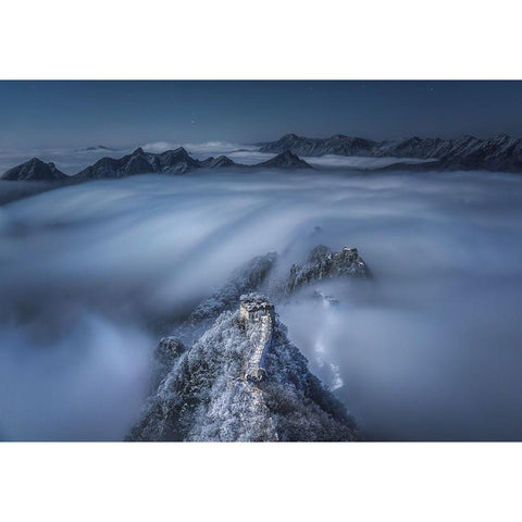 Flowing clouds pass over the Jian Kou Great Wall Black Modern Wood Framed Art Print by Cui, Yuan