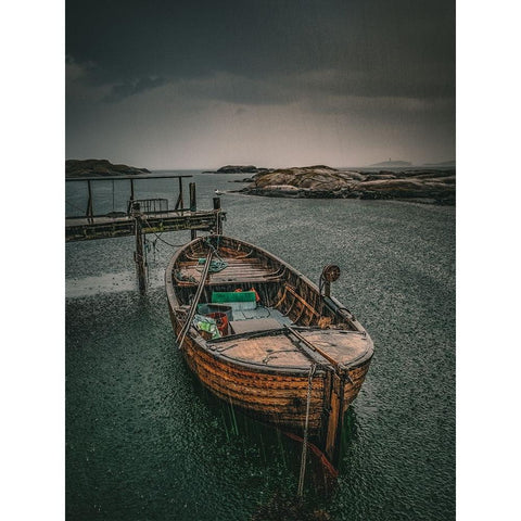 Old Fishingboat In The Rain Black Modern Wood Framed Art Print with Double Matting by Larsson, Dan