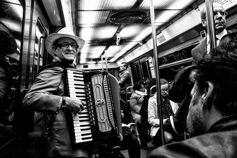 Music On The Subway Black Ornate Wood Framed Art Print with Double Matting by Fossella, Nicola