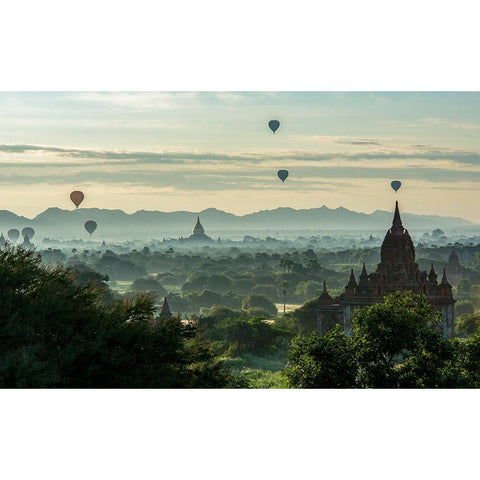 Balloons on temples Black Modern Wood Framed Art Print by Suharini, Mieke