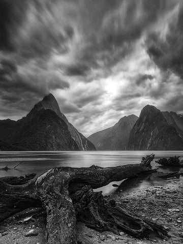 Dance Of The Clouds-Milford Fjord-New Zealand. White Modern Wood Framed Art Print with Double Matting by Xiawenbin