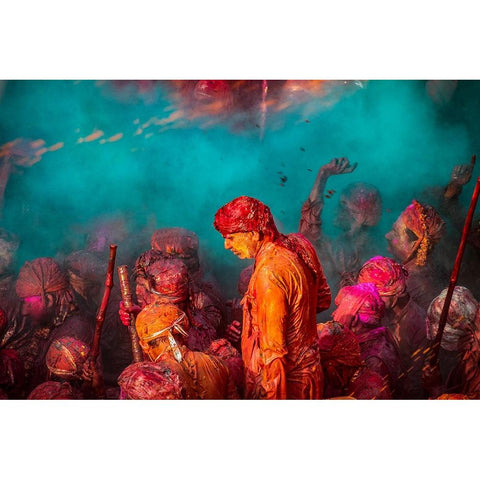 A Blue Hue Over The Singers At The Samaj During Holi Black Modern Wood Framed Art Print with Double Matting by Rana, Ajit