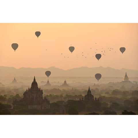 Bagan, balloons flying over ancient temples Black Modern Wood Framed Art Print with Double Matting by Intarob, Sarawut