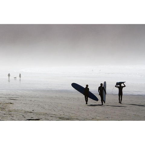 Surfing Time In A Foggy Day White Modern Wood Framed Art Print by Erkmen, Ugur