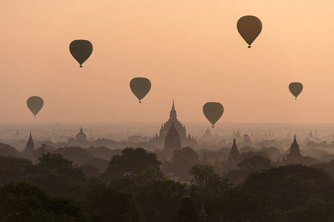 Bagan, balloons flying over ancient temples Black Ornate Wood Framed Art Print with Double Matting by Intarob, Sarawut