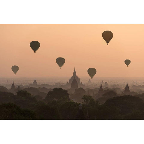 Bagan, balloons flying over ancient temples Black Modern Wood Framed Art Print with Double Matting by Intarob, Sarawut