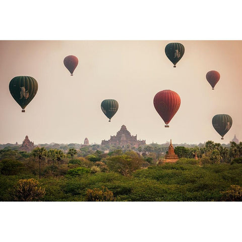 Balloons Over Bagan Gold Ornate Wood Framed Art Print with Double Matting by Louiz, Milton