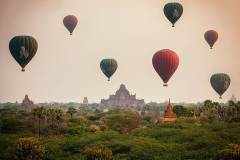 Balloons Over Bagan Black Ornate Wood Framed Art Print with Double Matting by Louiz, Milton